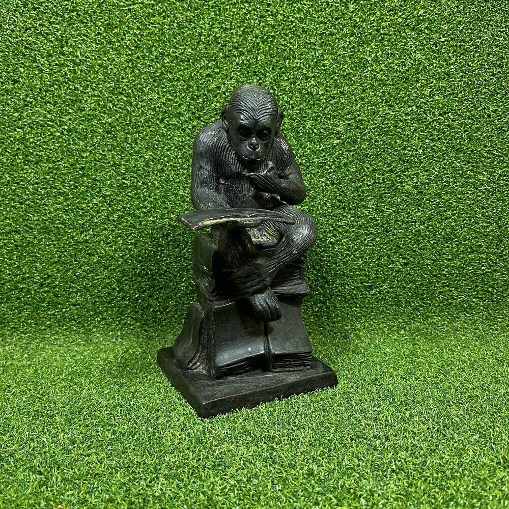 Vintage Brass Metal Monkey Reading Book Decor Figurine 8"